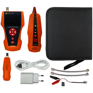 Cable tester with length measurement, cable tracer, and POE detection, 1 remote identifiers