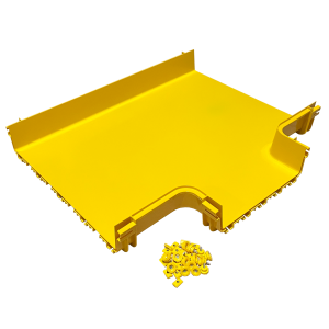 Horizontal tee for a 600 mm fiber tray to 360 mm fiber tray, mounting without couplers, yellow