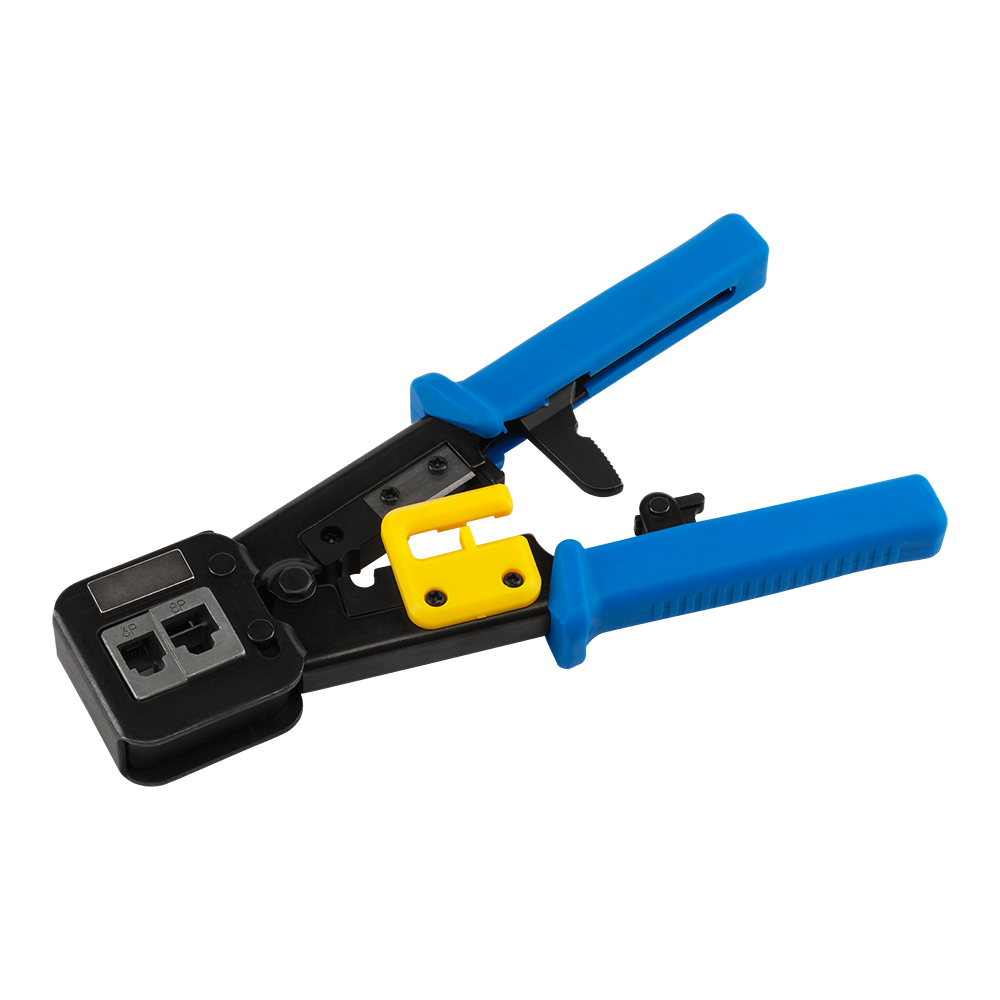 Crimping tool for EZ, 4P, 6P, 8P plugs with a ratchet mechanism