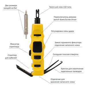 Ударный инструмент для разделки контактов 110-го типа, со стриппером и отверткой
