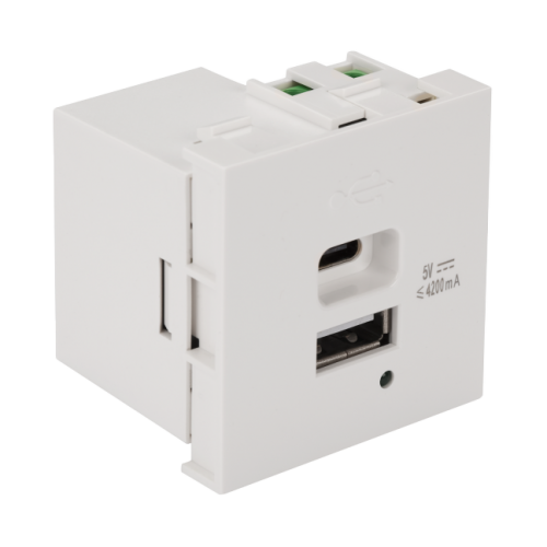 USB charger, one USB-C socket and one USB-A socket, 4.2A/5V, 45x45, white