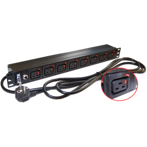19" power distribution unit, 8 C19 connectors with lock, 16A, 250V, 3.0 m power cord
