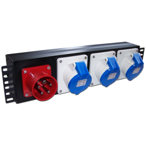 19" three-phase power distribution unit, IEC309, one 3P+N+E inlet and three 2P+E sockets, 32A, 380V