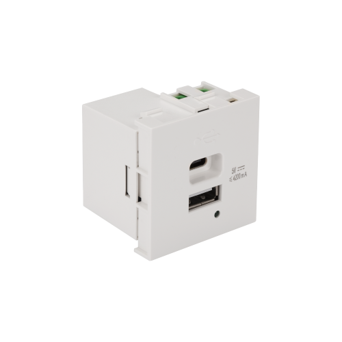 USB charger, one USB-C socket and one USB-A socket, 4.2A/5V, 45x45, white