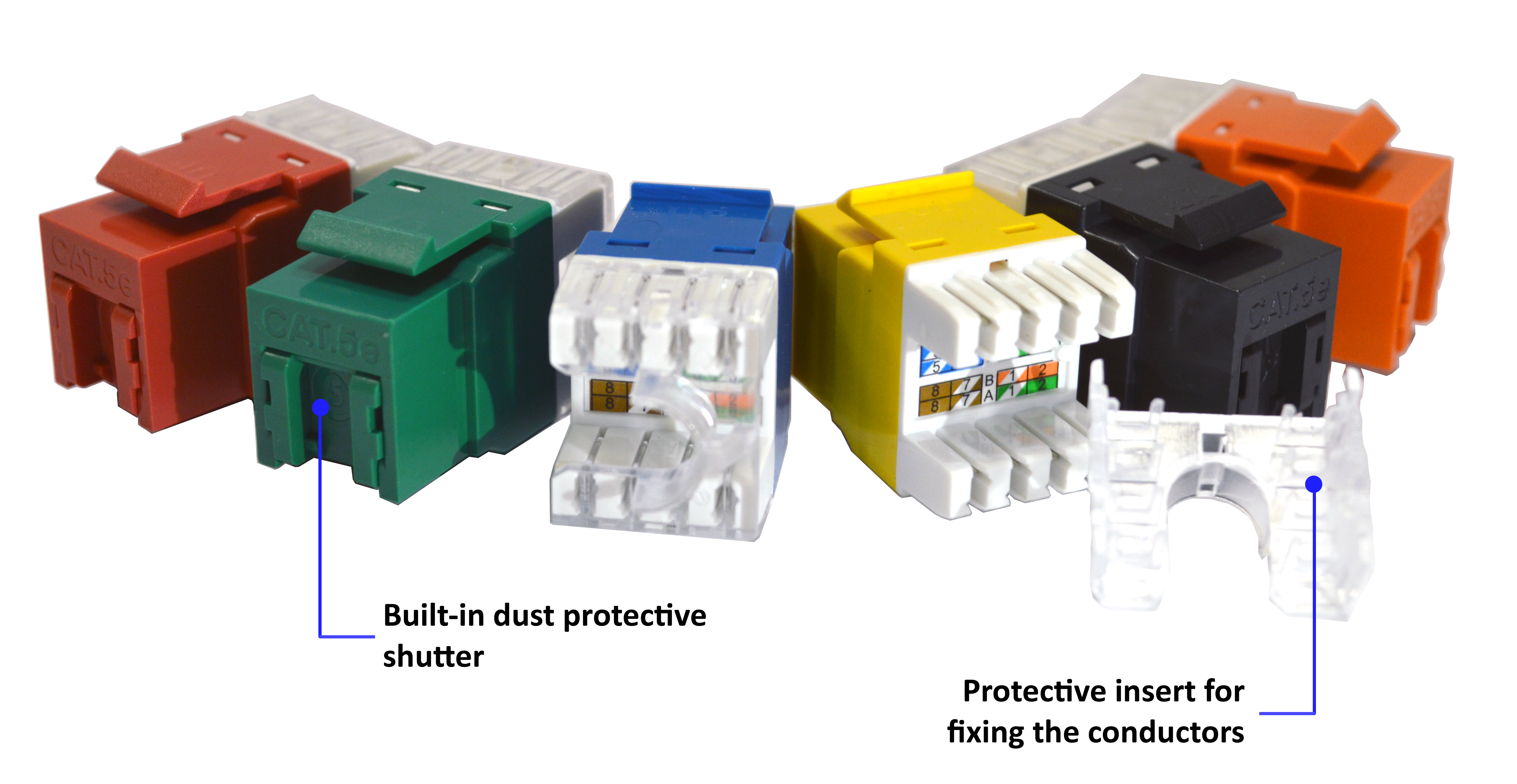 Keystone module, RJ45, category 5E, UTP, 180 degrees, with built-in shutter